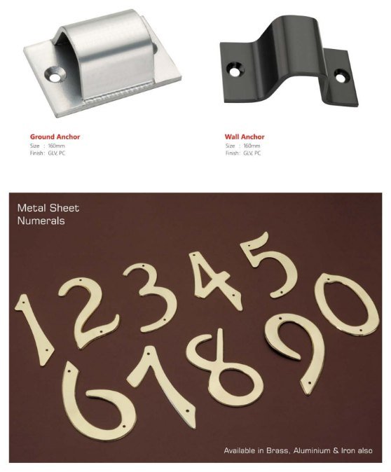 Anchors and metal sheet numerals — ground anchor, wall anchor, house number plates