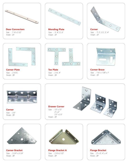 Reinforcement hardware — connectors, mending plates, corner plates, braces and brackets