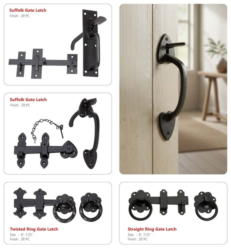 Gate hardware — Suffolk latches, ring gate latches and gate handles