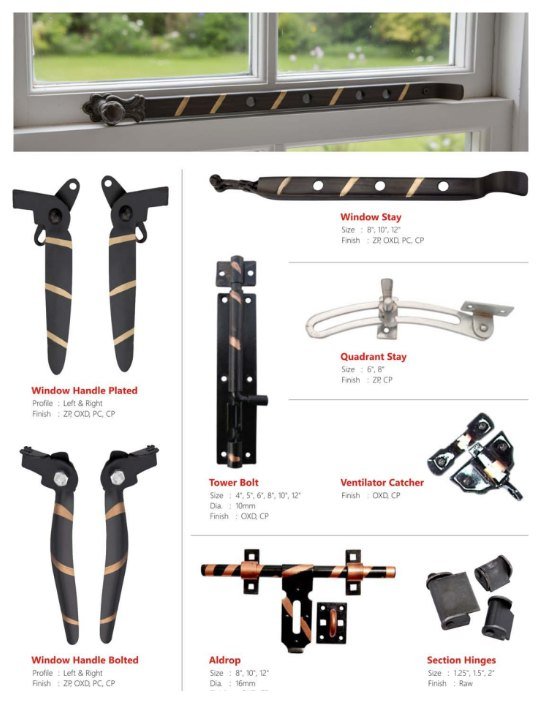 Window fittings — window handles, stays, tower bolts, aldrops and ventilator catchers